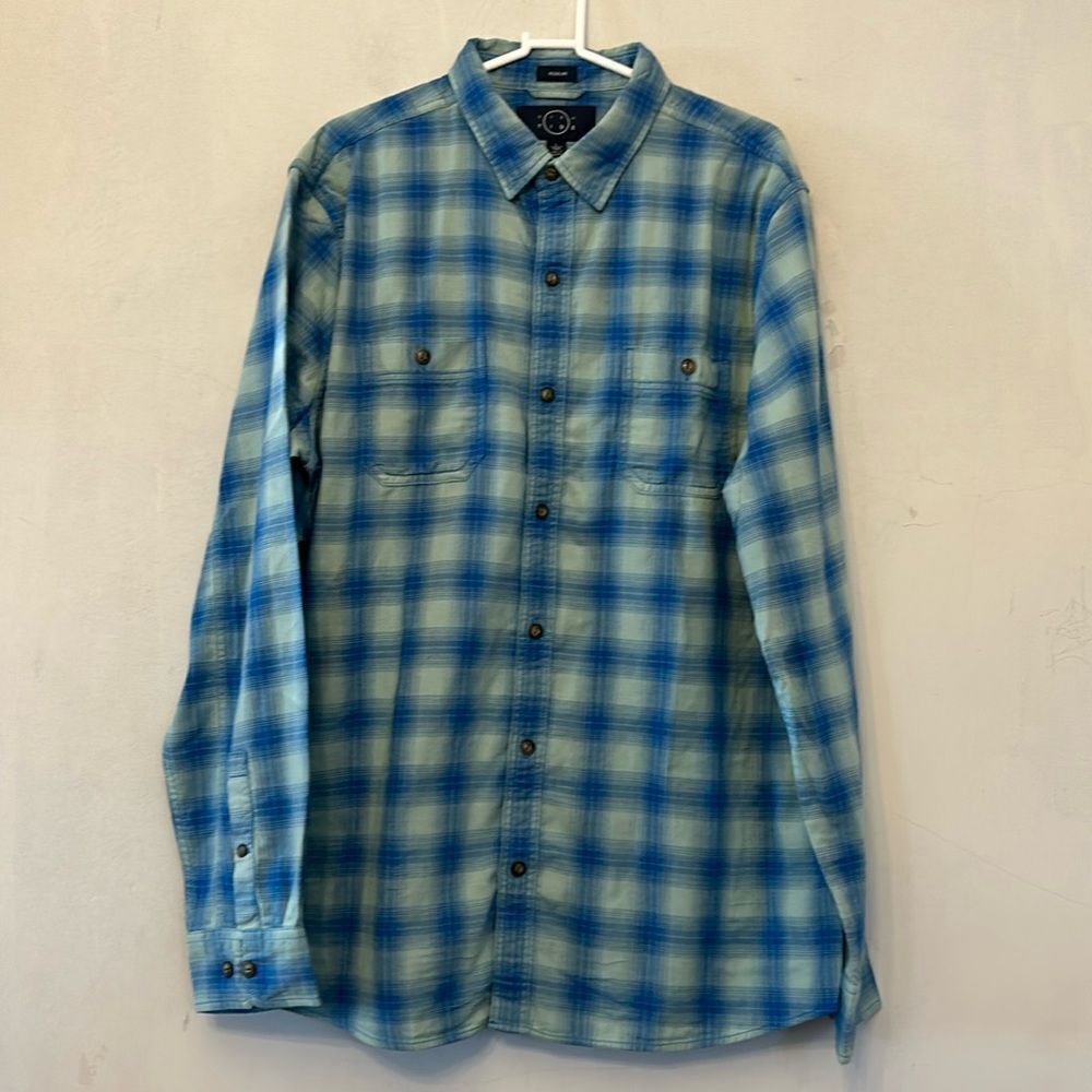 Even Tide blue turquoise long sleeve plaid collared shirt Size L Tall NWOT